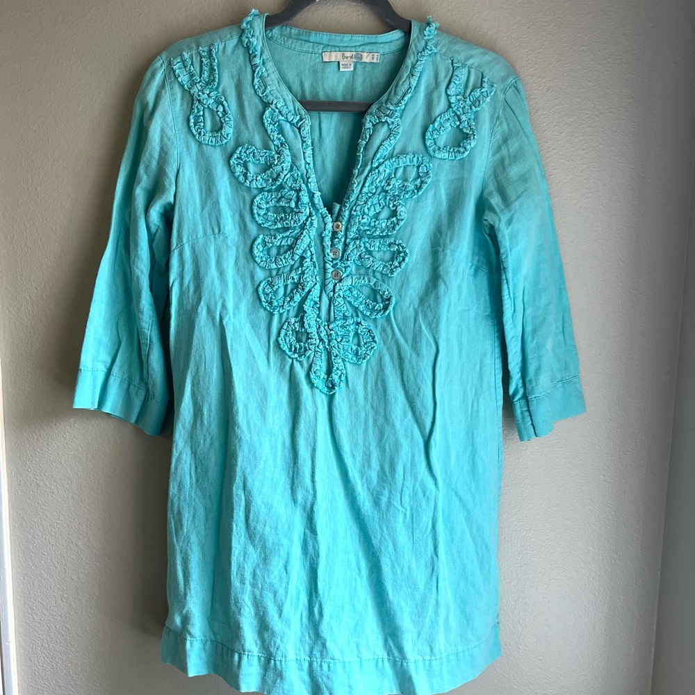 Boden Aqua Blue Embroidered Linen Tunic Top Womens Size 4 Preowned